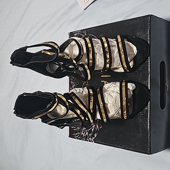Black and Gold Strappy Heels - Picture 1 of 12